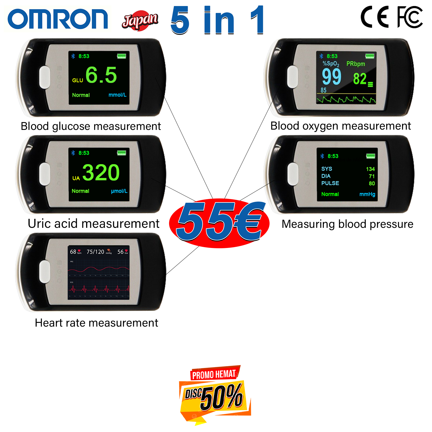 T02（glicemia non invasiva+ossigeno nel sangue non invasivo+acido urico non invasivo+frequenza cardiaca non invasiva+pressione sanguigna non invasiva）